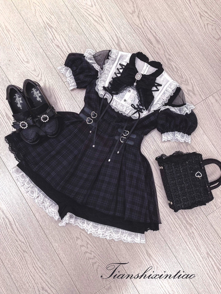 Off-Shoulder Jirai Kei Dress Set with Bow Tie & Safety Shorts (L M S XL) 42705:749888