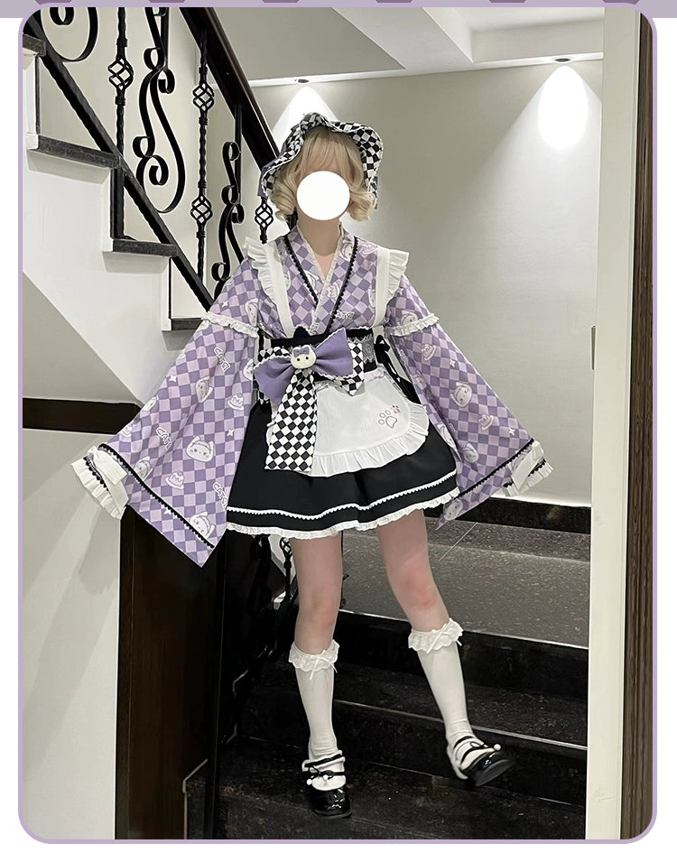 Kimono Lolita Plaid Princess Sleeve Shirt Kawaii Skirt Set 38964:606882