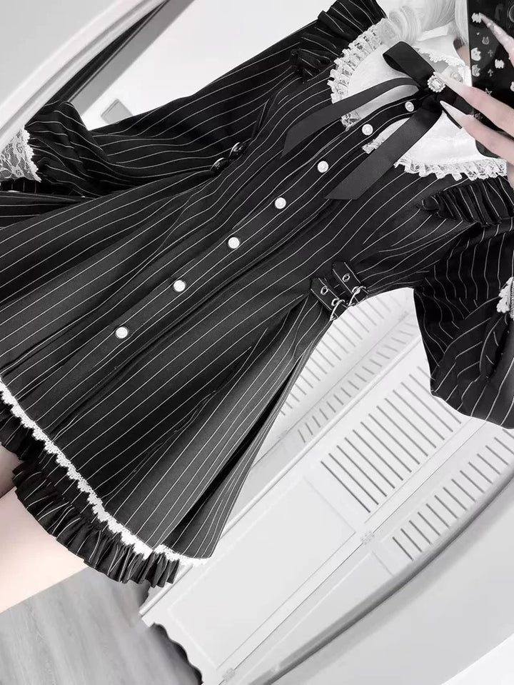 Jirai Kei Striped Dress, Lace Trim and Ruffles 45369:848090