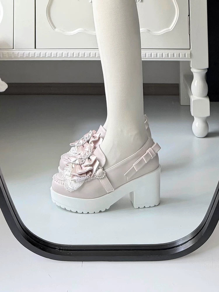 Jirai Kei Chunky Heel Slip-on Shoes, Bows and Pearls 45868:866985