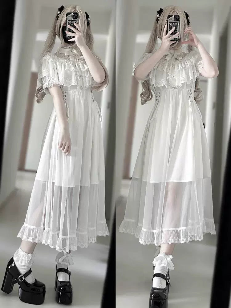 Long Jirai Kei Lace Cape Dress, Detachable Sleeves 43590:780595