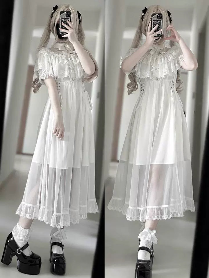 Long Jirai Kei Lace Cape Dress, Detachable Sleeves 43590:780595