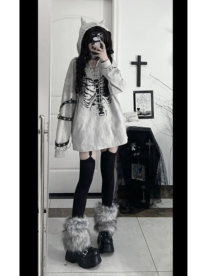 Ribcage Printed Subculture Hoodie, Ear-Accent Hood 44564:815252