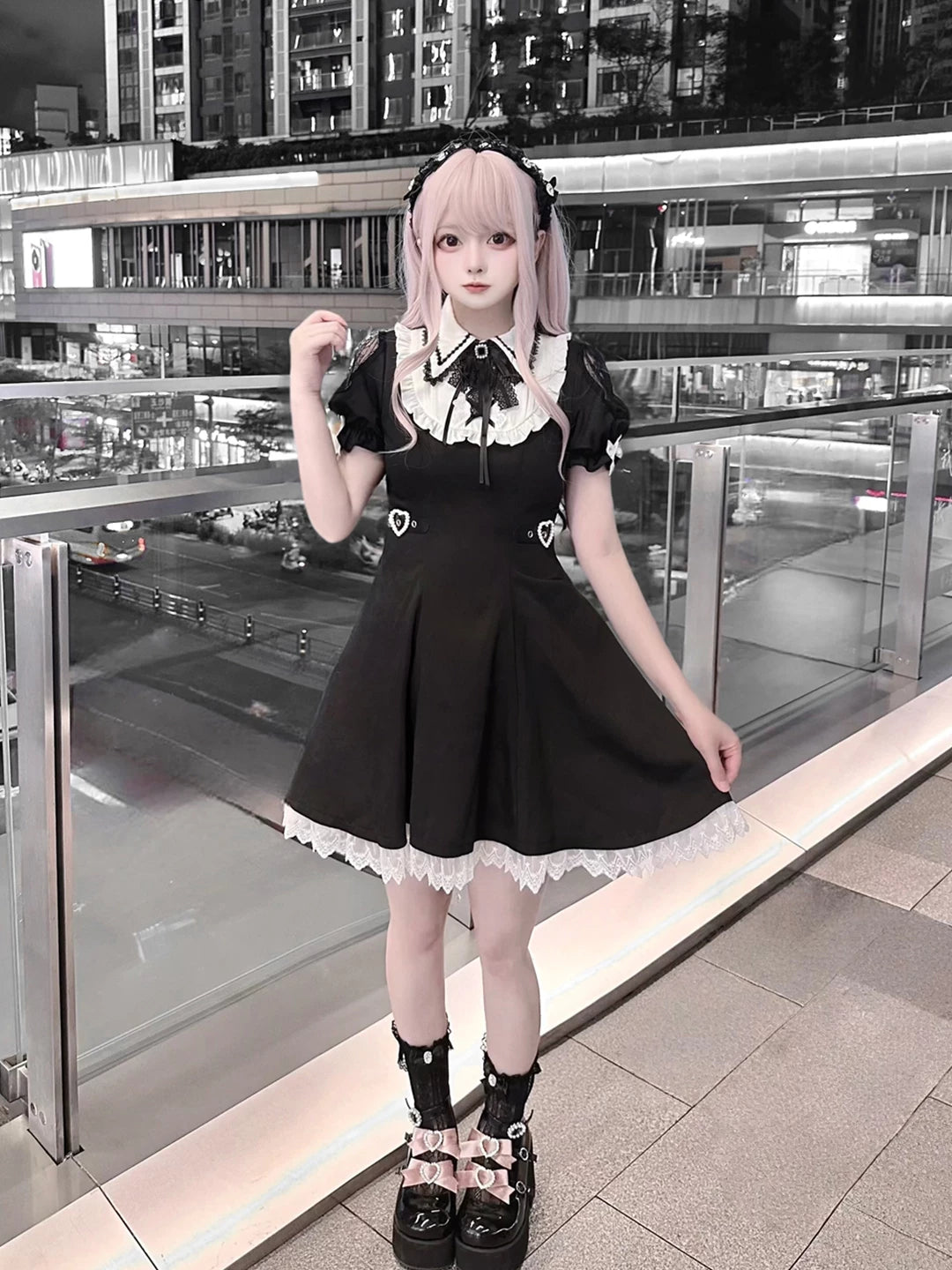 Jirai Kei A-line Dress, Black & White Color Block 45583:855104