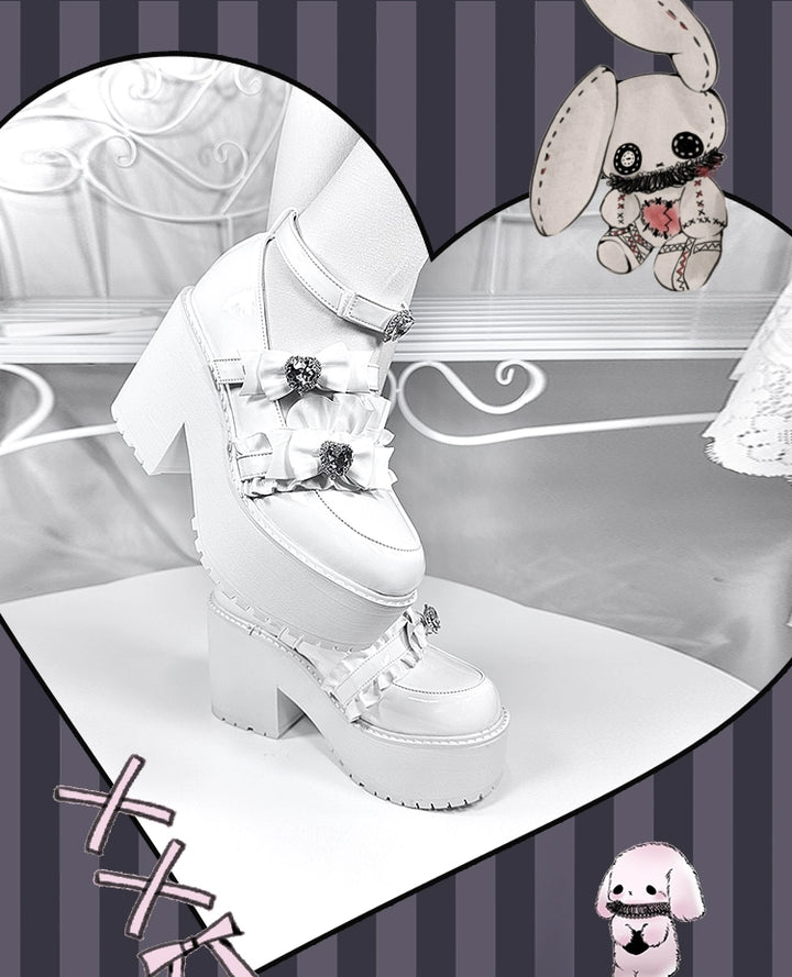 Jirai Kei Platform Shoes with Heart Rhinestone and Ruffle Trim Bow 41582:704344