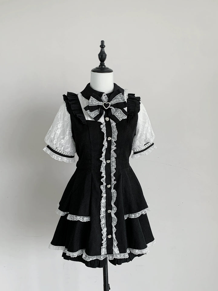 Jirai Kei Lace Sleeve Set Up, Pleated Dress Hem (L M S XL) 45721:860069