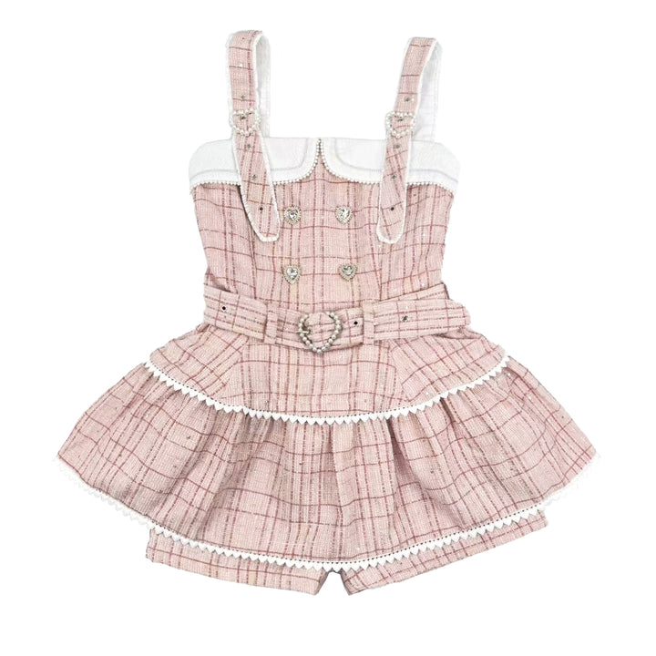 Tweed-like Jirai Kei Suspender Skirt, Matching Shorts (Pink / 2XL L M S XL) 44178:799992
