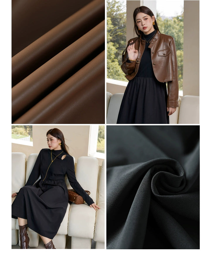 Plus Size Brown Leather Jacket Black Dress 29808:362916 29808:362916