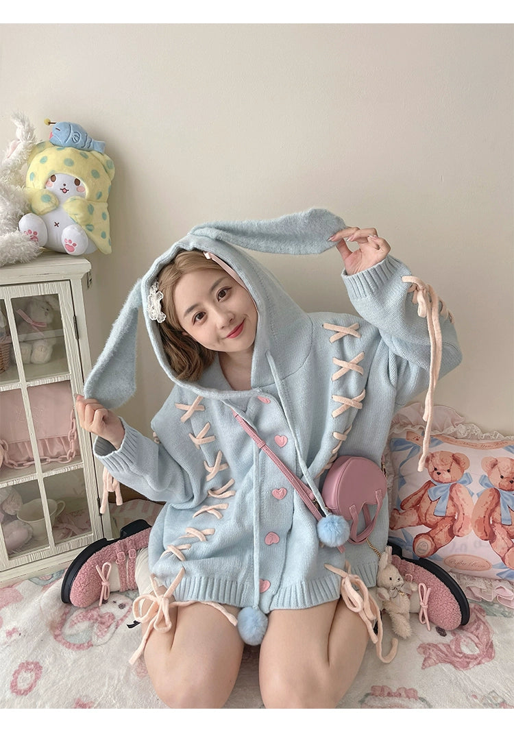 Kawaii White Pink Blue Cardigan Bunny Ears Sweater Coat 22658:345250 22658:345250