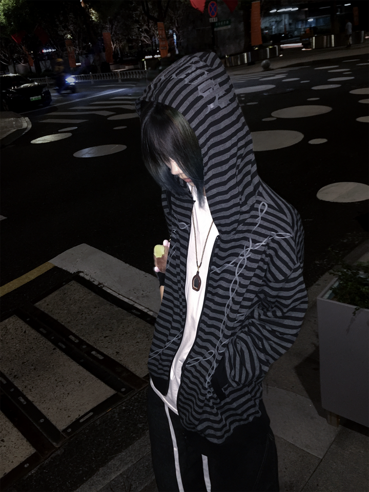 Gothic Striped Zip-Up Hoodie, Cotton for Summer 45270:844651