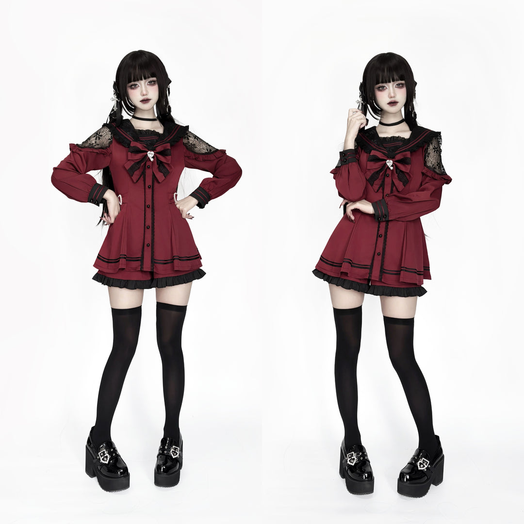 Jirai Kei Dress Set Sailor Collar Long-sleeved Dress 34502:734659