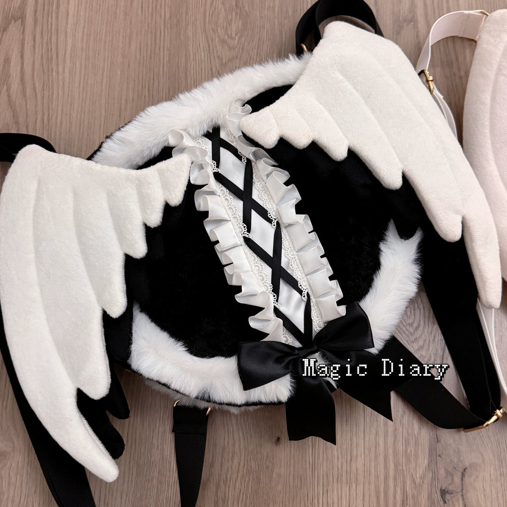 Black & Pink Jirai Kei Plush Bag with Angel Wings – Honey Wardrobe