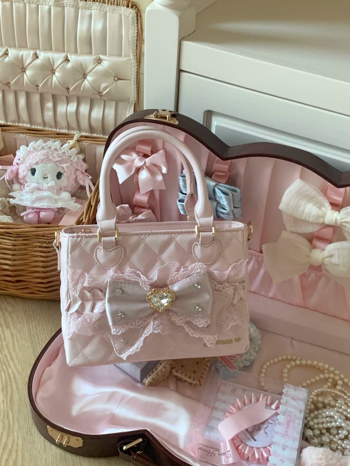 Ryousangata Square Handbag, Lace Bow & Diamond Quilting (Pink) 45754:862834