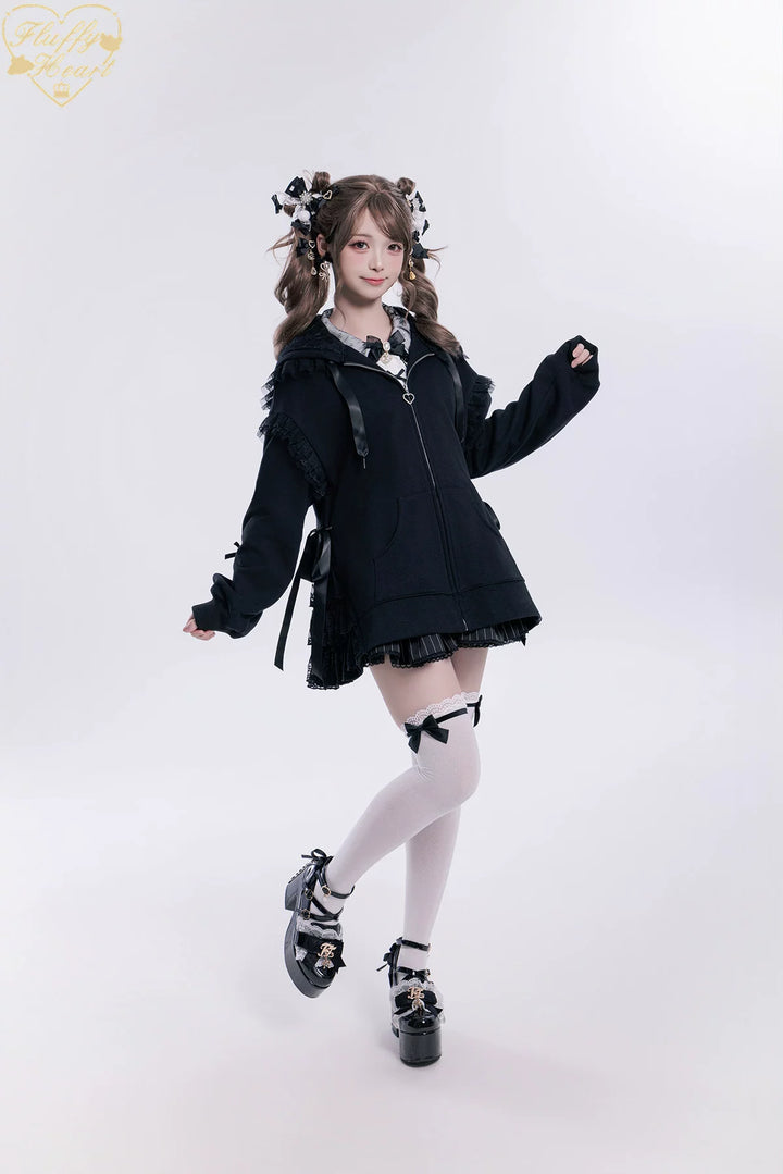 Lace-Trim Hoodie Coat, Side Pocket 45227:842213