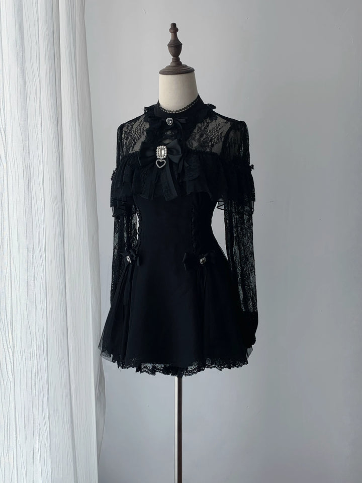 Black Jirai Kei Lace Dress, Cross-detail Hem (L M S) 45837:864818