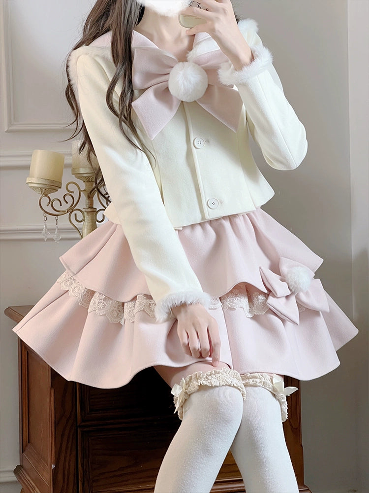 Ryousangata Beige Winter Coat Slim Pink Tiered Skirt 40880:690690