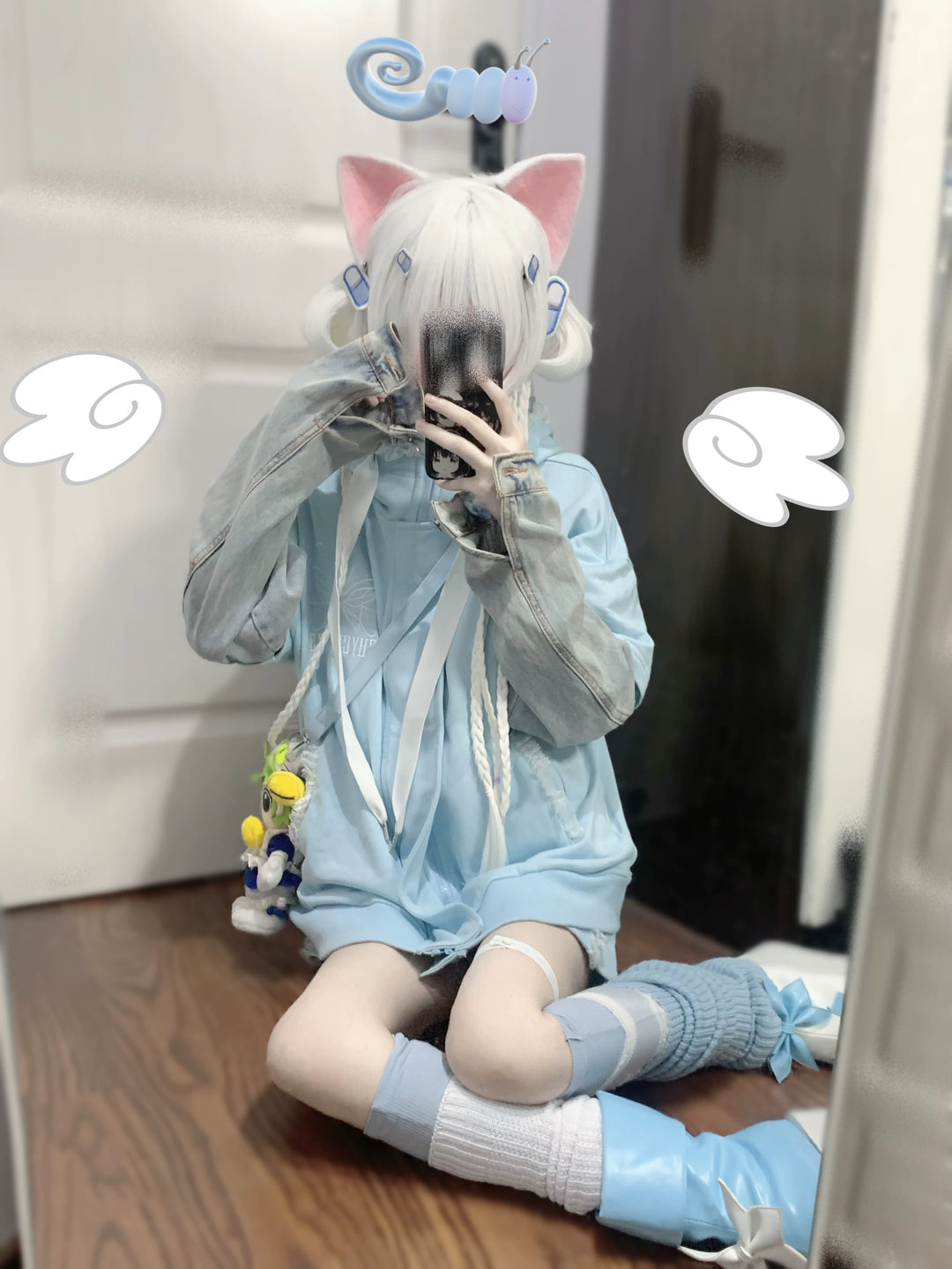 Jirai Kei Ryousangata Summer Light Blue Short Sleeve Hoodie (Large Small / Top) 29442:349856 (Large Small / Top) 29442:349856