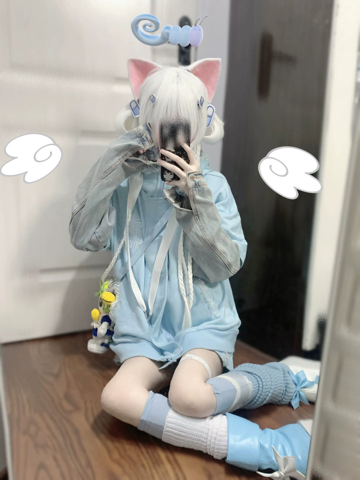 Tenshi Kaiwai Coat Summer Light Blue Short Sleeve Hoodie (Large Small / Top) 29442:349856