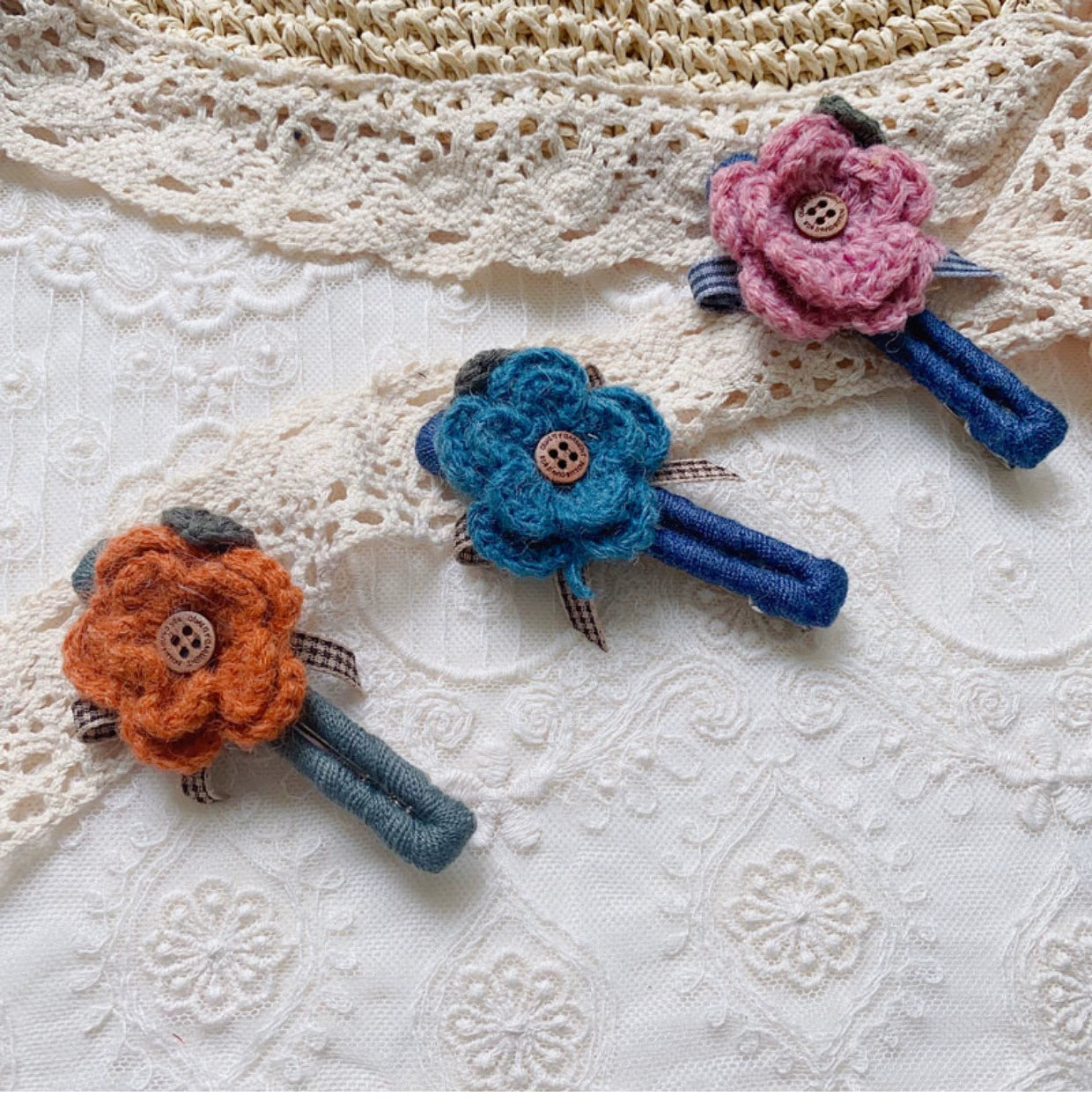 Mori Kei Hair Clips Handmade Knitted Flower Barrettes 36438:522414