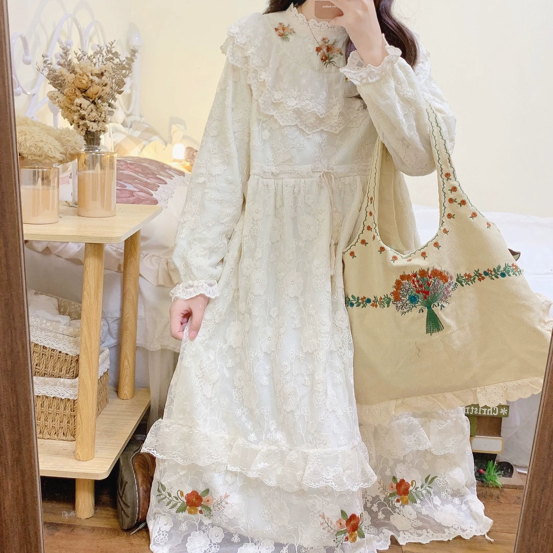 Mori Kei Dress Embroidered Lace Long Sleeve Apricot Dress 39438:640606