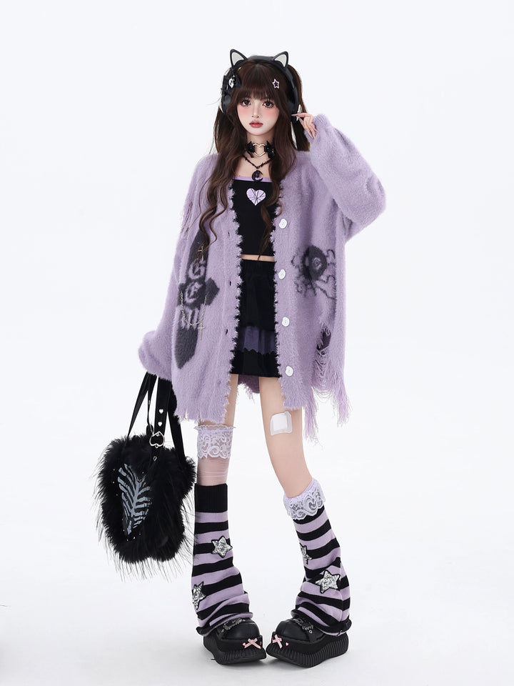 Subculture Sweater Irregular Hem Cardigan With Striped Scarf 40922:680422