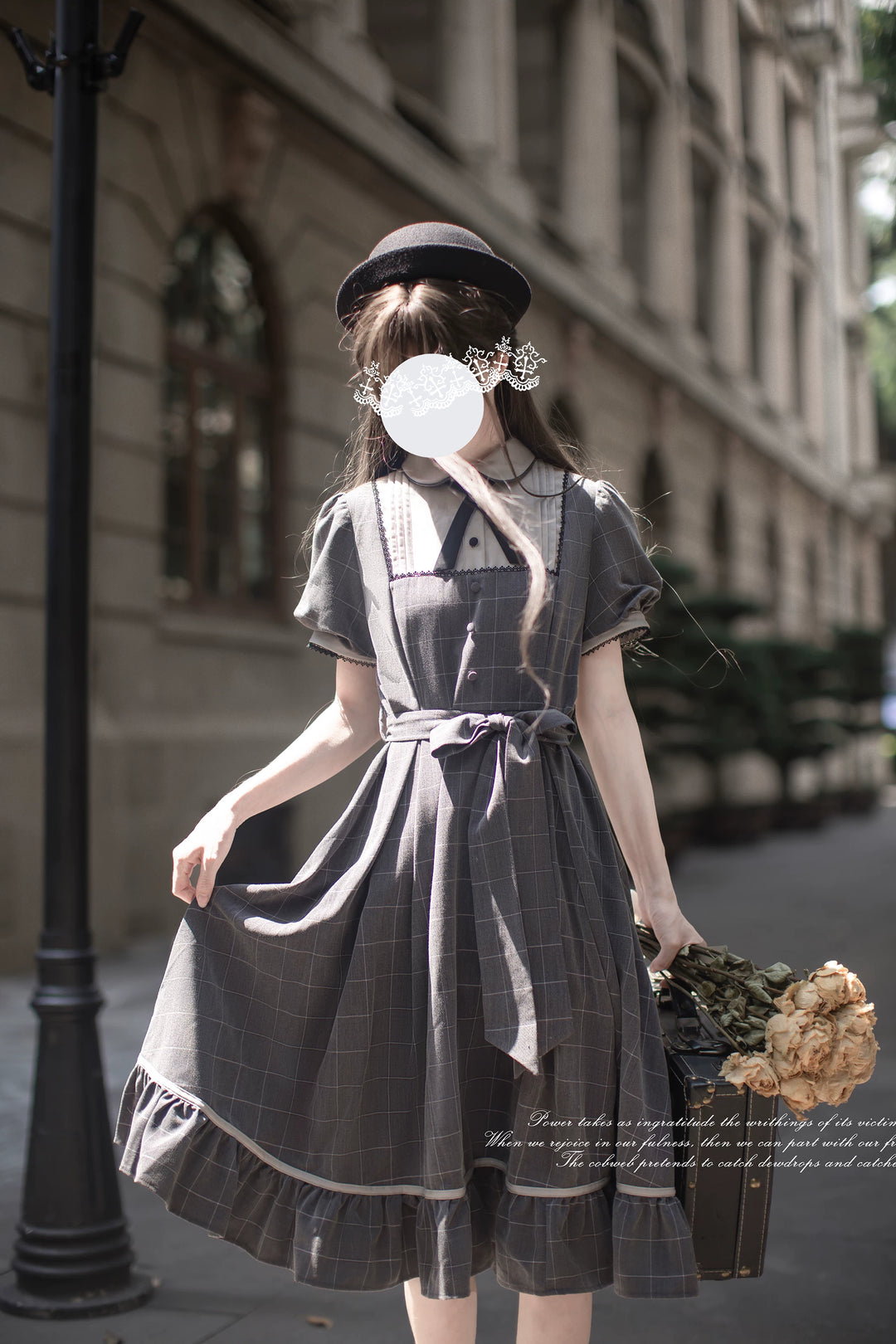 Elegant Grey Plaid Dress, Scalloped Trim & Puff Sleeves 45750:863113
