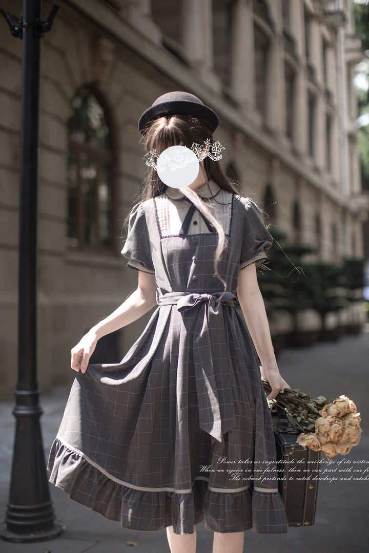 Elegant Grey Plaid Dress, Scalloped Trim & Puff Sleeves 45750:863113