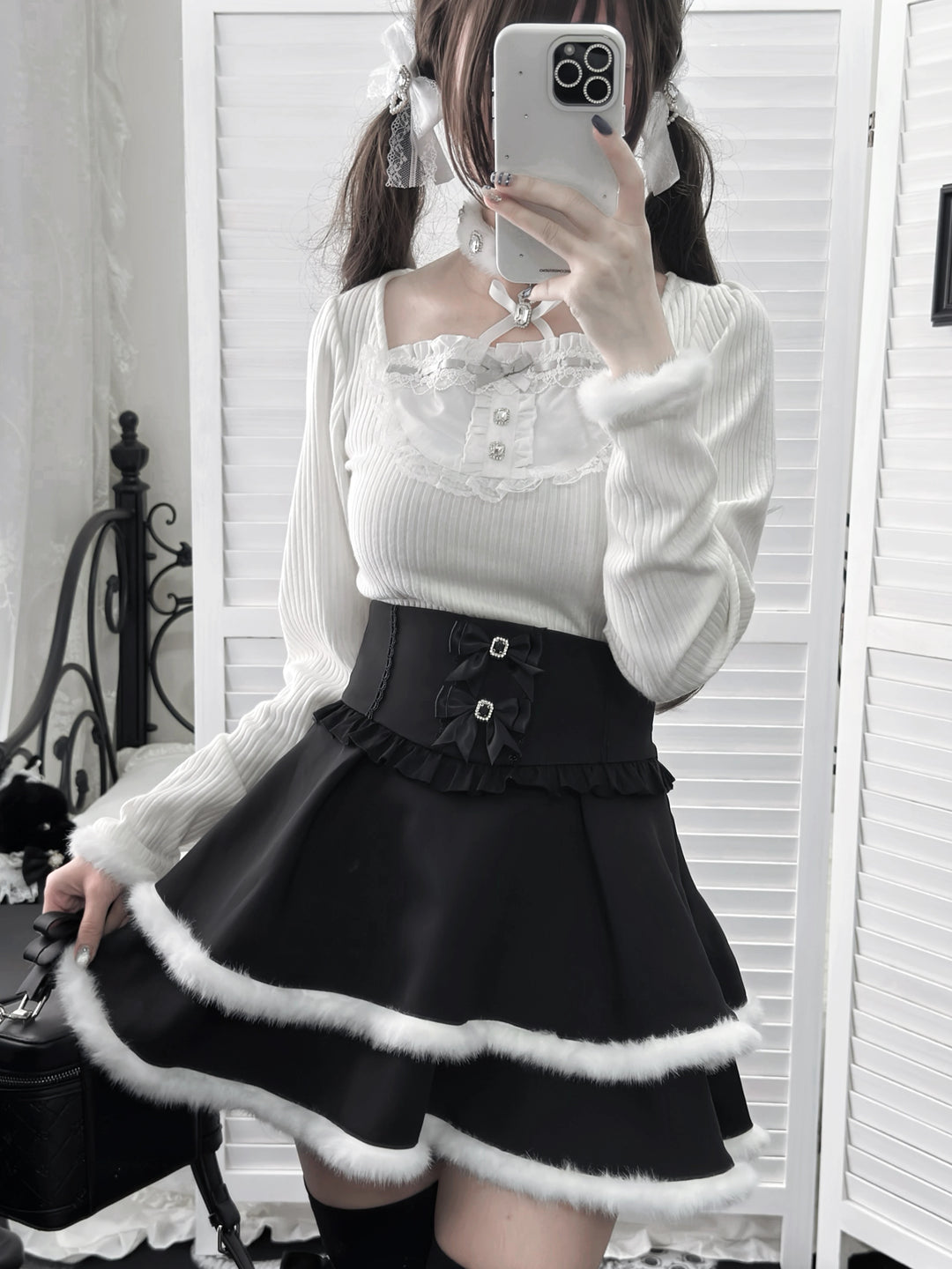 Jirai Kei Black High Waist Skirt, Faux Fur Trim 46105:875437