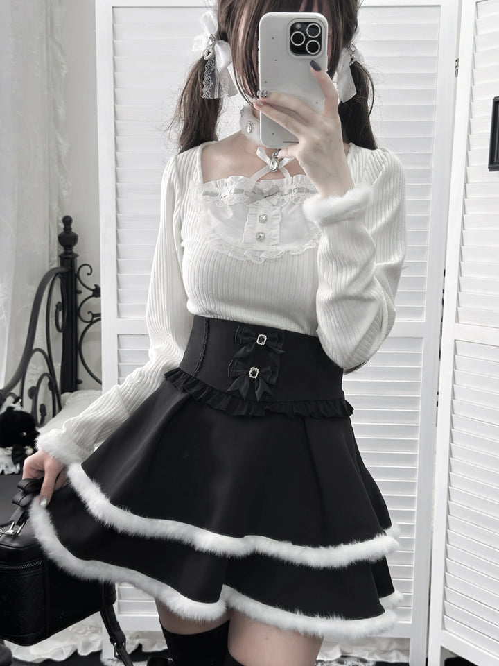Jirai Kei Black High Waist Skirt, Faux Fur Trim 46105:875437