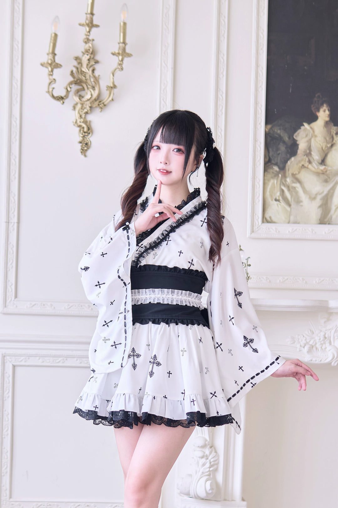 Wa-Style Jirai Kei Kimono Blouse + Ruffle SKirt + Wide Obi Belt 42799:765954