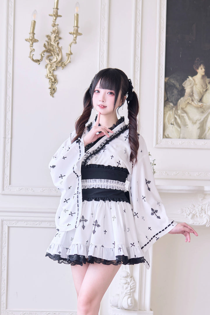 Wa-Style Jirai Kei Kimono Blouse + Ruffle SKirt + Wide Obi Belt 42799:765954