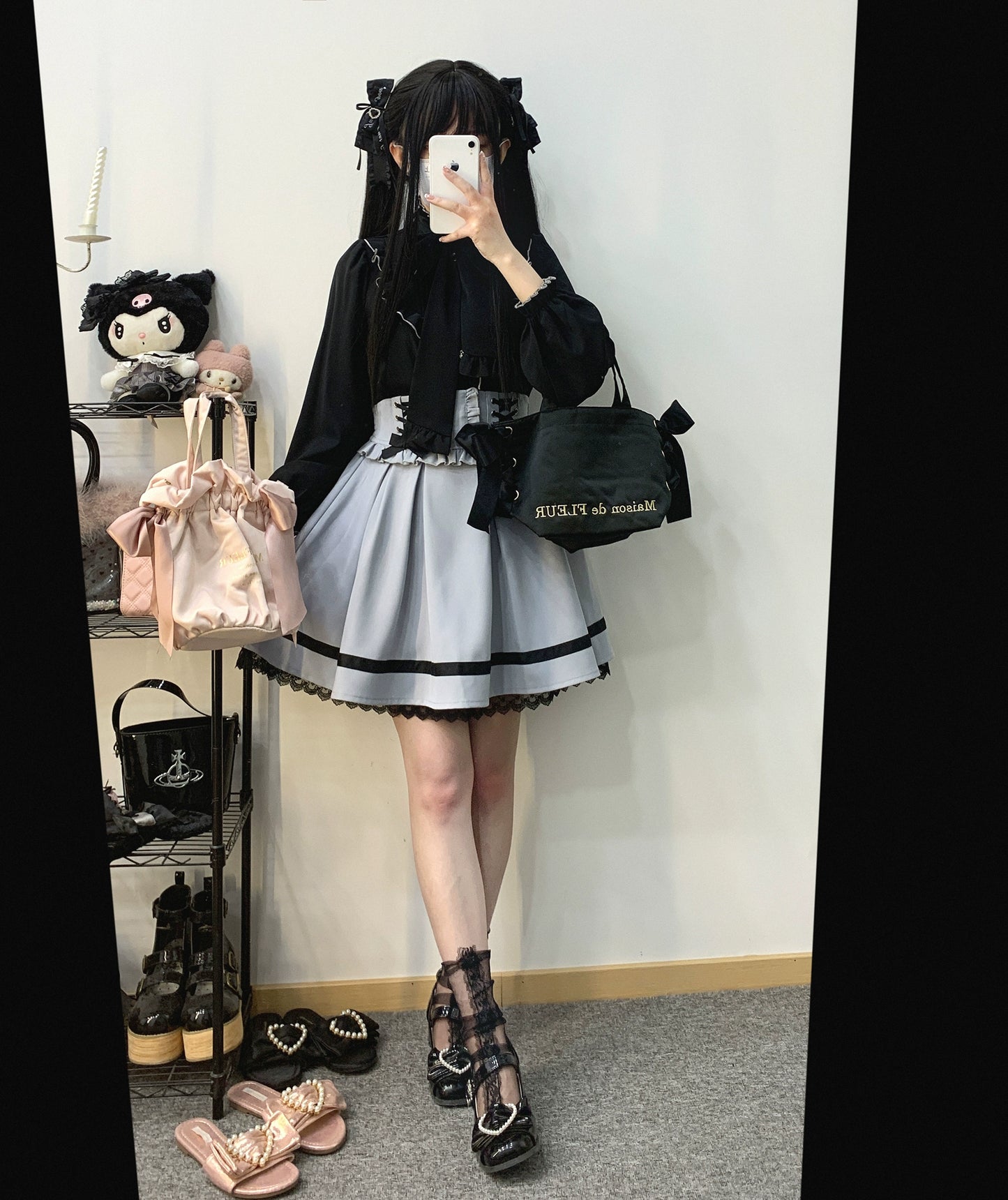 Jirai Kei White Black Blouse Lace Standing Collar Long Sleeved Shirt 31852:372686