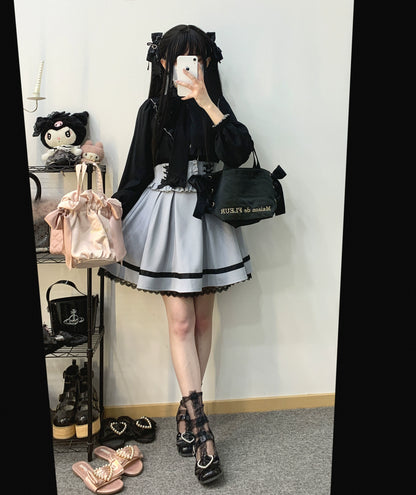 Jirai Kei White Black Blouse Lace Standing Collar Long Sleeved Shirt 31852:372686