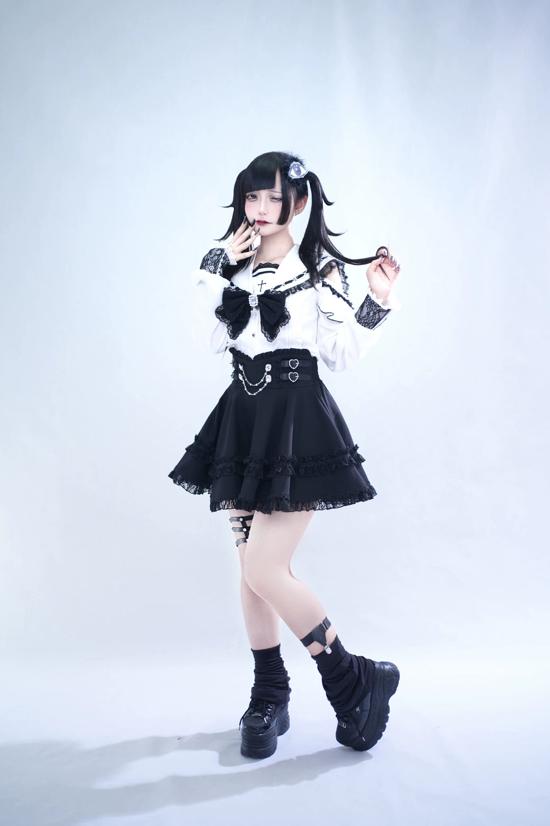 Lace Jirai Kei Sailor Collar Blouse, High Waist Skirt Set 45626:859343