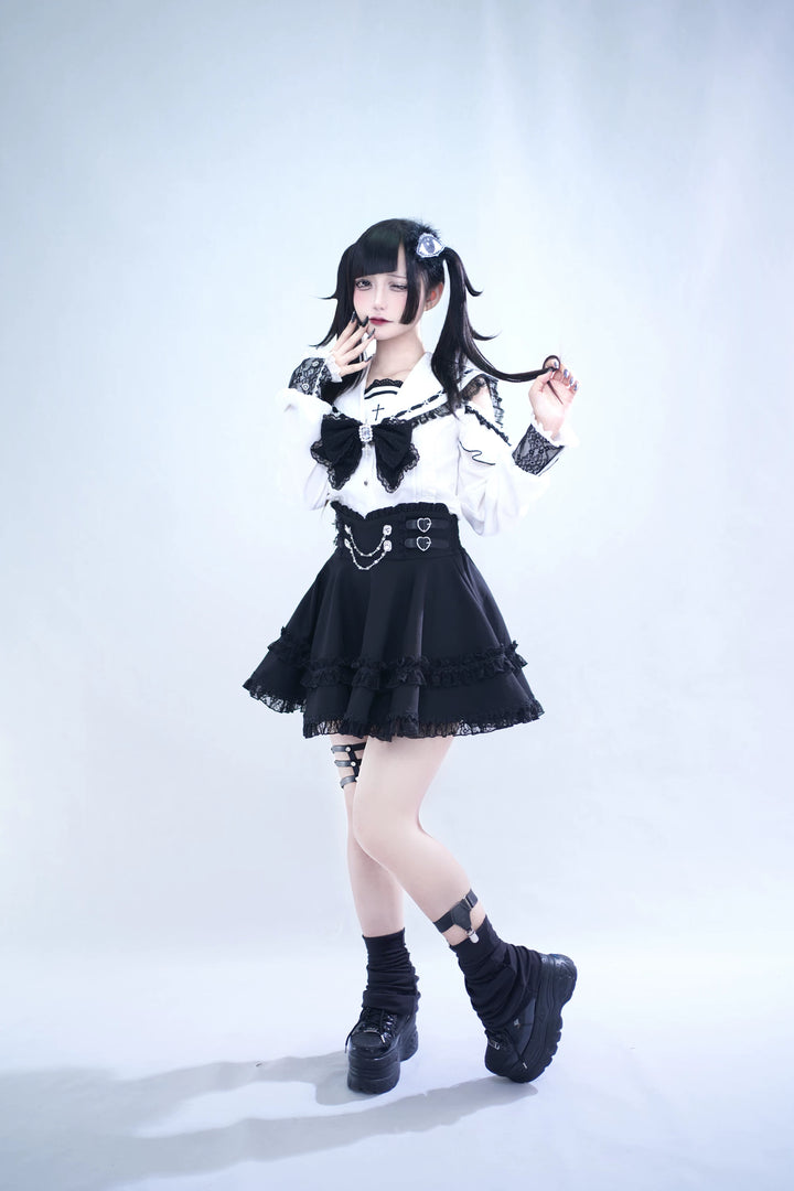 Lace Jirai Kei Sailor Collar Blouse, High Waist Skirt Set 45626:859343