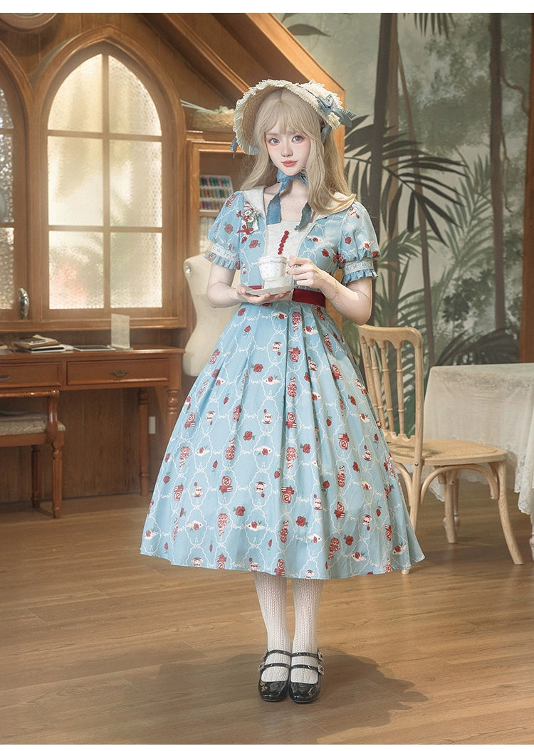 Pink Blue Lolita Dress Short Sleeve Lolita Dress Floral Tea Pot Print 37134:552484