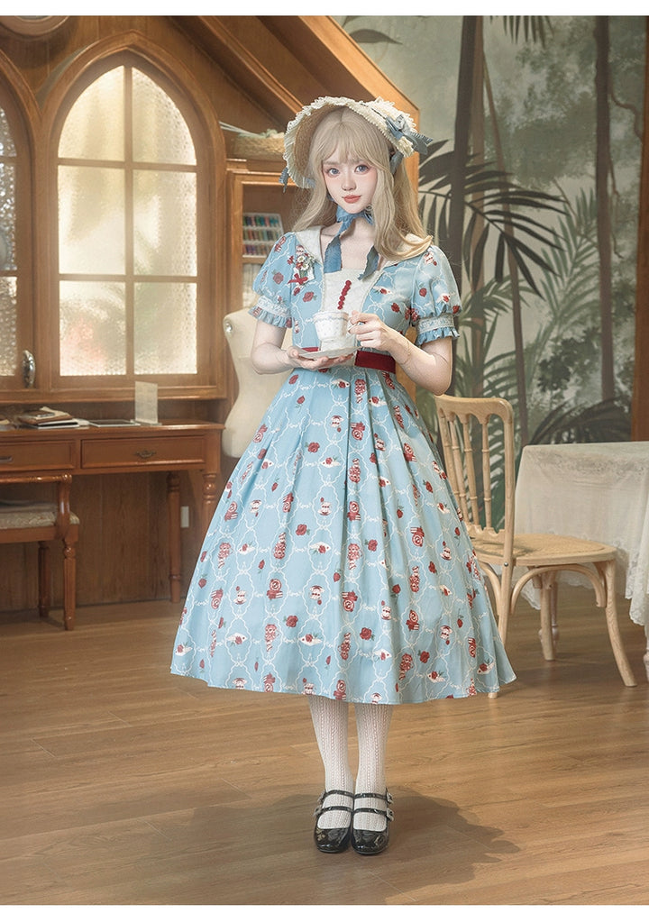 Classic Lolita Dress With Short Sleeve And Floral Tea Pot Print Multicolor 37134:552484