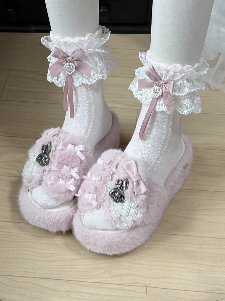 Jirai Kei Plush Wedge Platform Slippers, Bunny & Bow Accents (35 36 37 38 39 40 41) 45959:870522