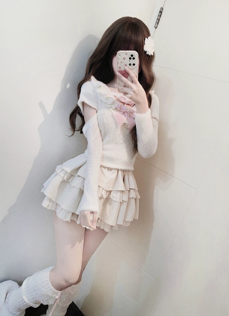 Sweet Kawaii White Sweater Cake Skirt Set 41556:703712