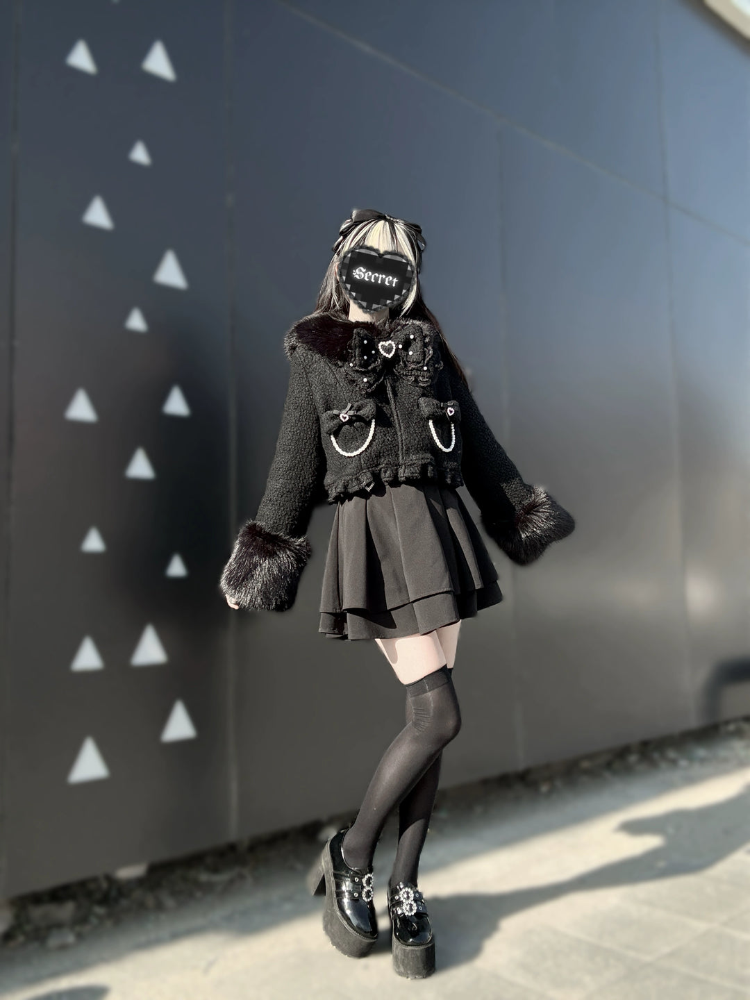 Black Jirai Kei Short Coat, Detachable Faux Fur Collar 44331:805474