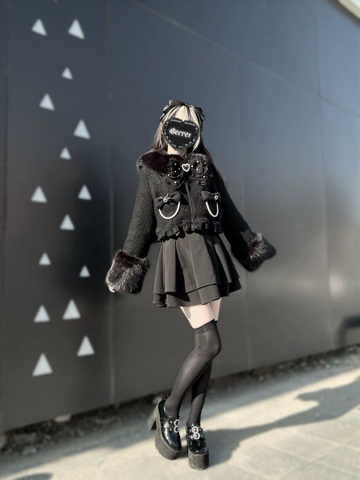 Black Jirai Kei Short Coat, Detachable Faux Fur Collar 44331:805474