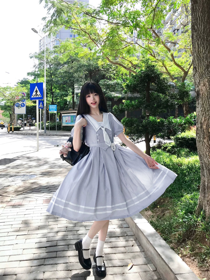 Summer JK Uniform Striped Dress, Sailor Collar 43627:781374