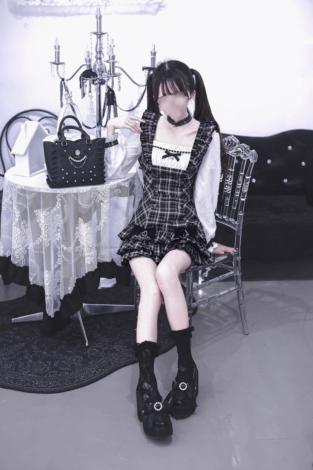 Jirai Kei Plaid Dress, White Lace Long Sleeve 45838:865316