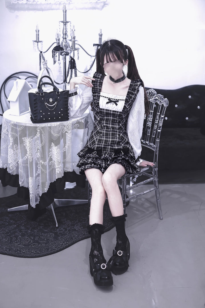 Jirai Kei Plaid Dress, White Lace Long Sleeve 45838:865316