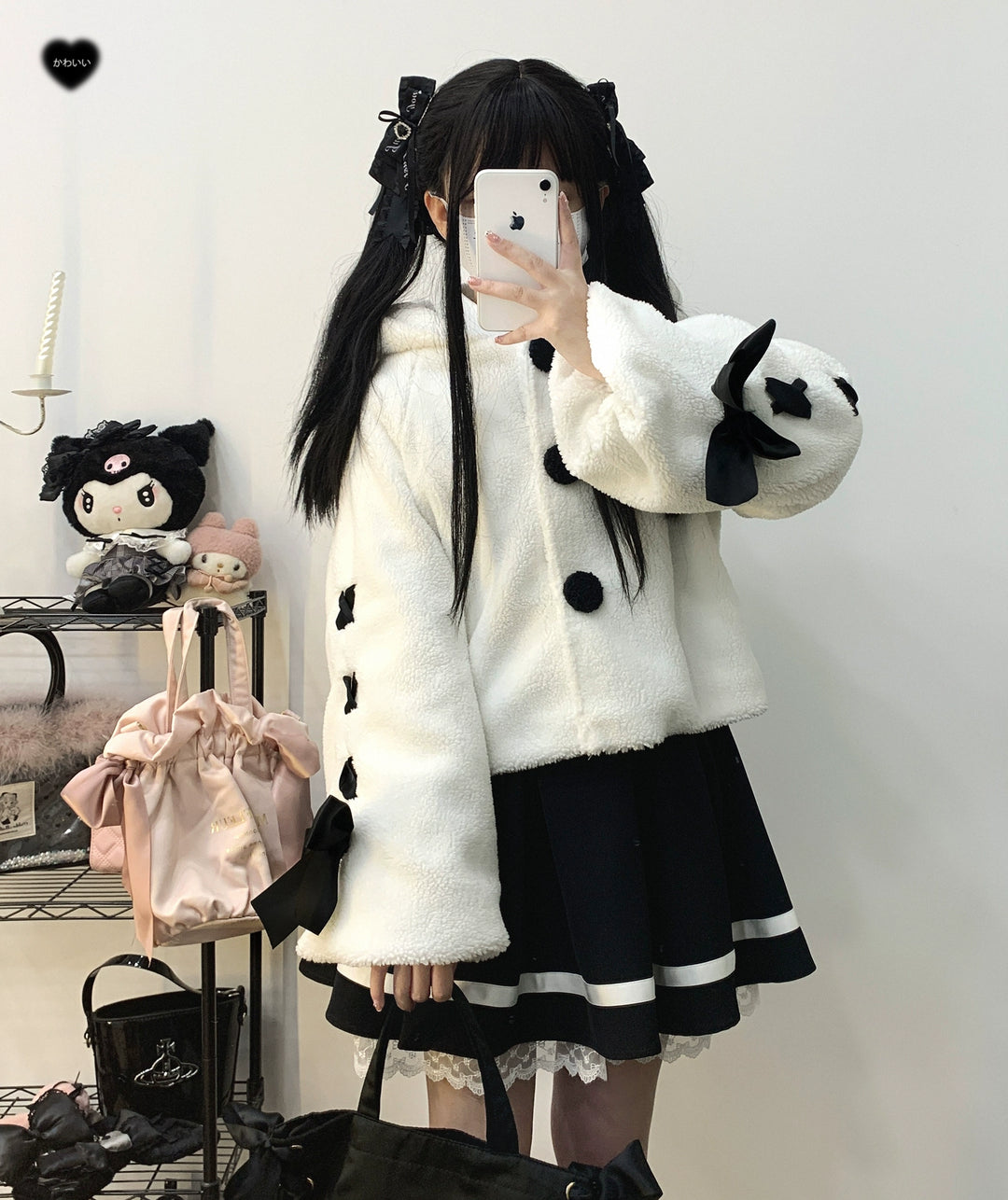 Jirai Kei Winter Coat White Black Plush Jacket With Rabbit Ear 31854:372660 31854:372660