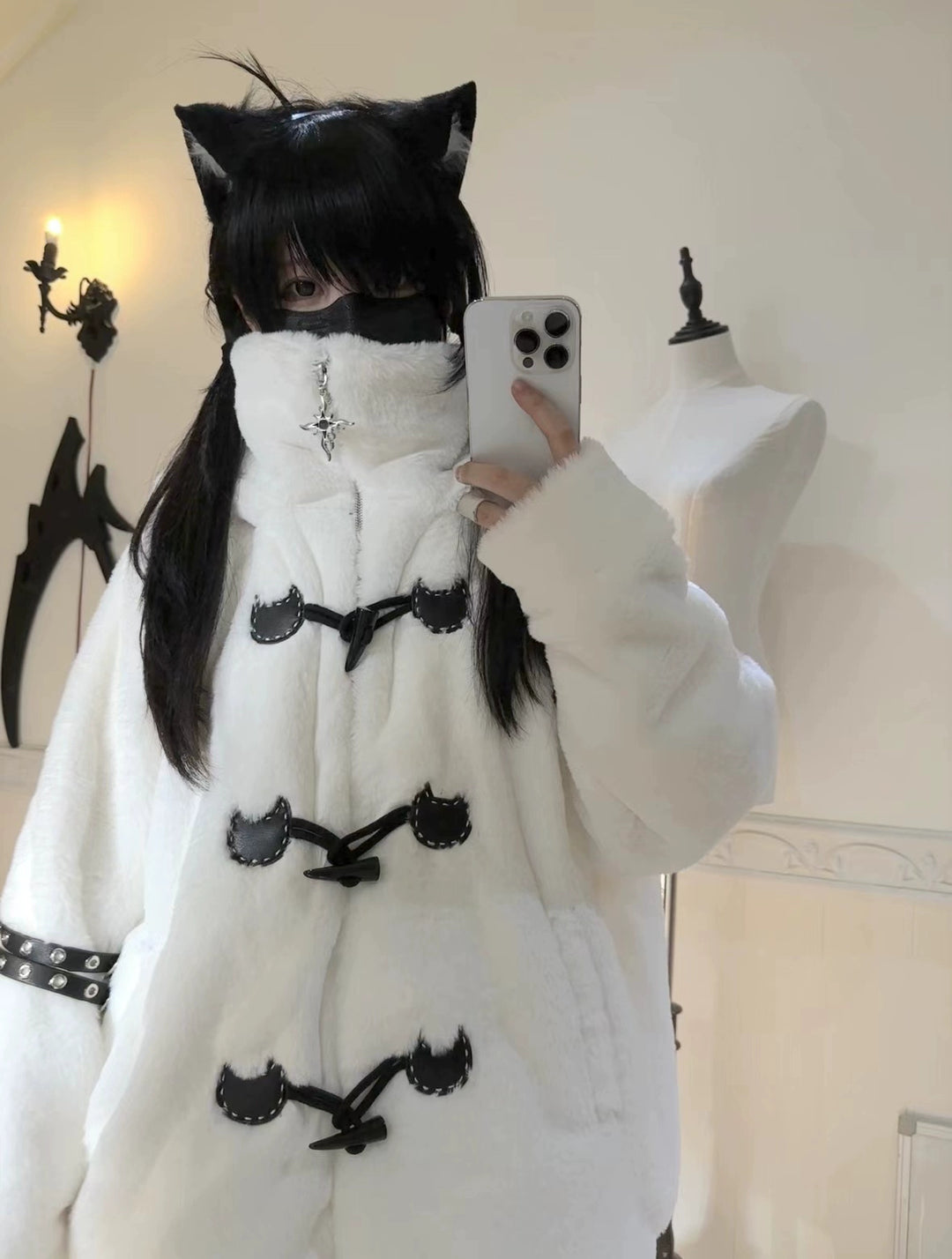 Plus Size Jirai Kei Coat Black White Winter Coat Cat Ear Hooded 40330:658318