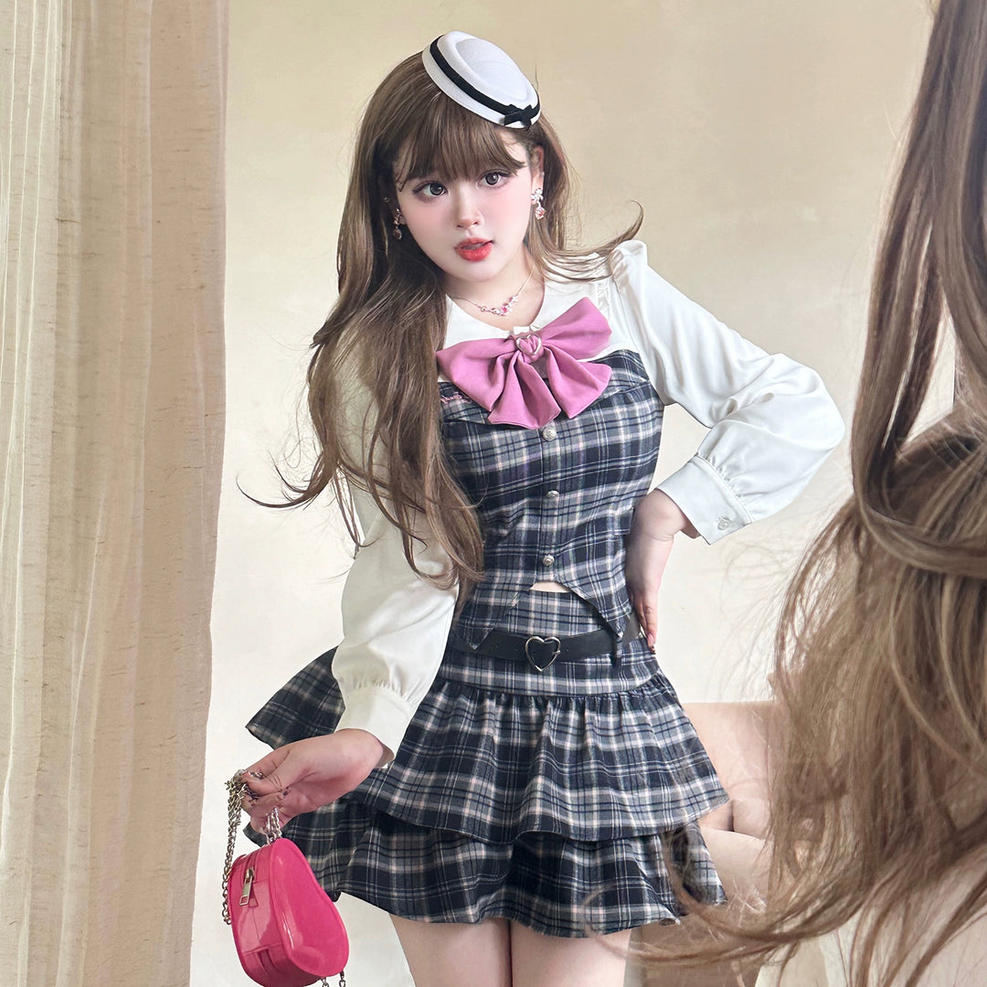 Plus Size Schoolgirl Plaid Outfit Waist-cinching Barbie-style 39398:627380