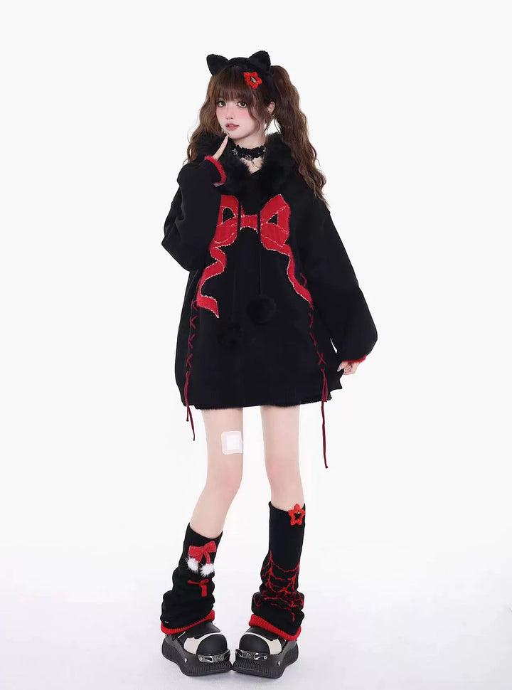 Yami Kawaii Sweater Bow Black Red Hoodie Detachable Collar (M S) 39556:639606