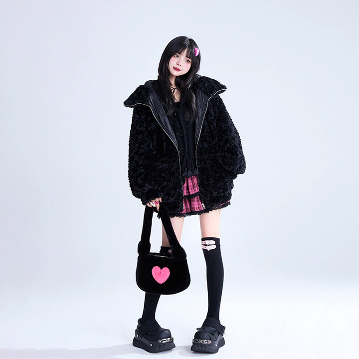 Jirai Kei Coat Black Plush Hooded Winter Coat Bunny Ear Coat 32396:384214