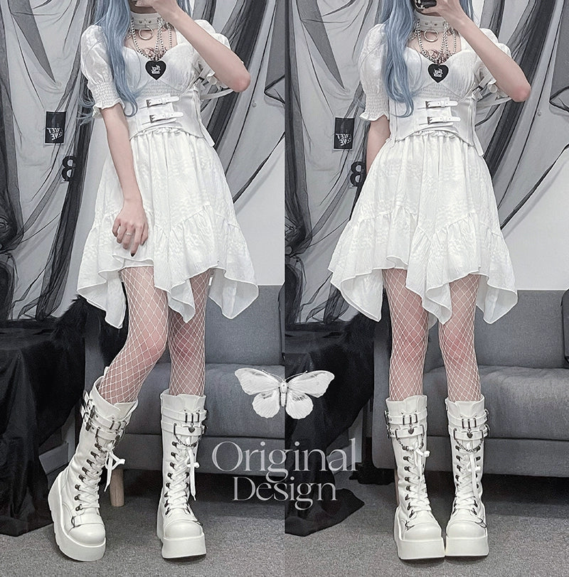 Gothic White Black Platform Boots High-Top Knight Boots 29702:369228